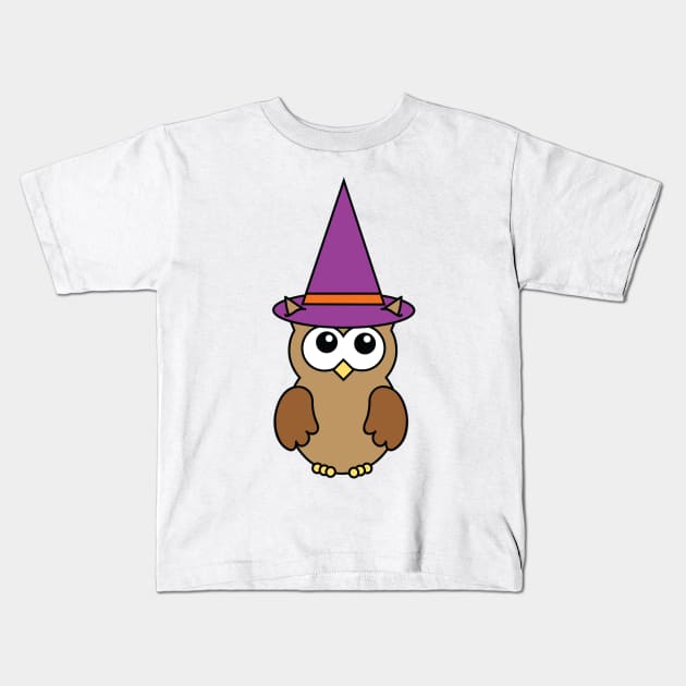 Cute Owl Dressed as a Witch with Purple and Orange Hat Kids T-Shirt by PLLDesigns